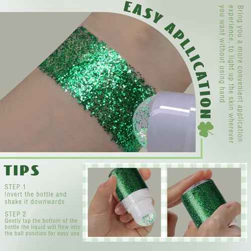 Roll-on Green Body Glitter Gel for Face Hair, St Patricks Day Accessories, Chunky Mermaid Sequins Halloween Festival Party Rave Outfits Christmas Face Paint Glitter Makeup for Women Kids
