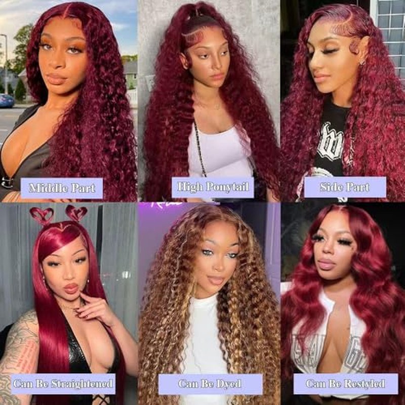 Burgundy Wig Human Hair 13x6 Deep Wave Lace Front Wigs Human Hair 200 Density 99j Burgundy HD Lace Front Wigs Pre Plucked 200 Density Red Colored Wig with Baby Hair for Women 20 Inch