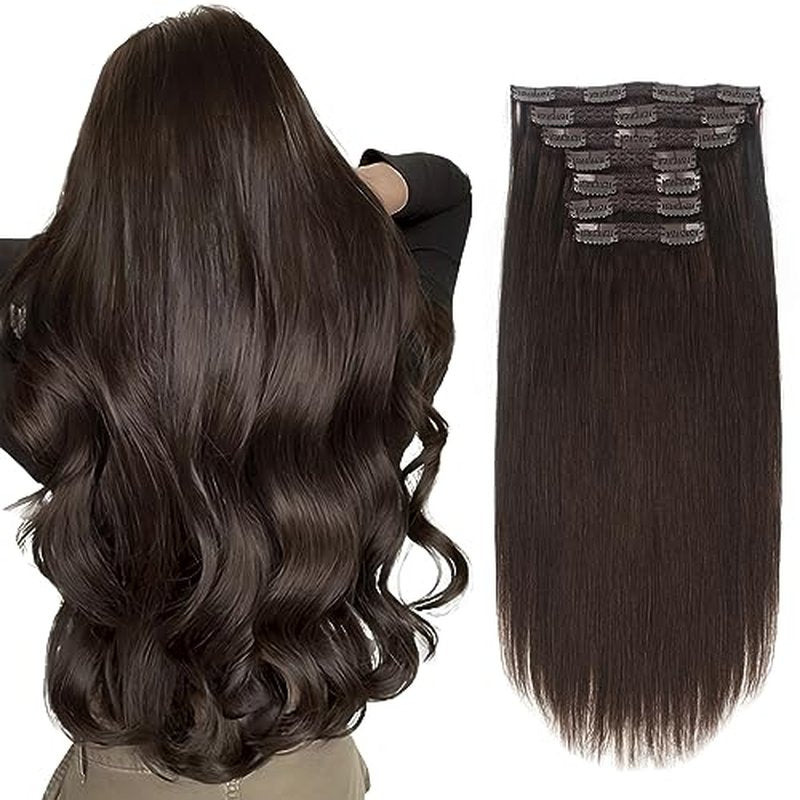 Sixstar Clip In Hair Extensions - 140g Real Human Hair, Dark Brown, Silky Straight, Per Pack, Full Head, 7 Pieces [18inch]