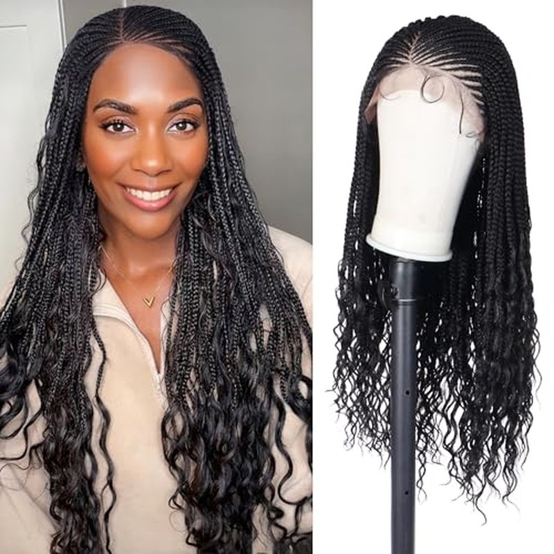 13x6 HD Lace Front Box Braided Wigs with Curly End Lace Frontal Box Braids Wigs for Black Women Lightweight Synthetic Black Cornrow Fully Handmade Braided Wig with Baby Hair (26 inches)
