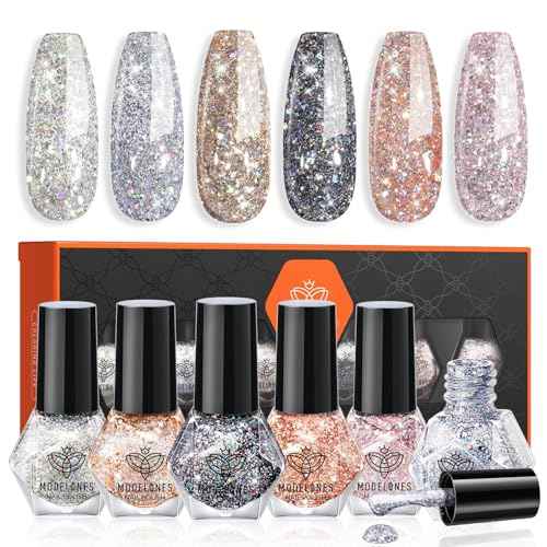 modelones Glitter Nail Polish 6 Colors Holographic Sparkle Glitter Mini Set Flash Diamond Black Silver Gold Quick Dry Manicure Diy Nail Art Salon Gift For Women Girl