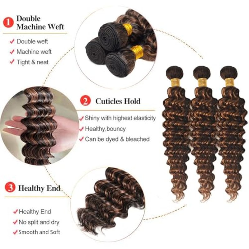 1B/30 Highlight Piano Color Bundles Deep Wave Human Hair Bundles P1B30 Black and Light Brown Mix Double Weft Brazilian Human Hair Extensions 10/12/14 Inch for Black Women