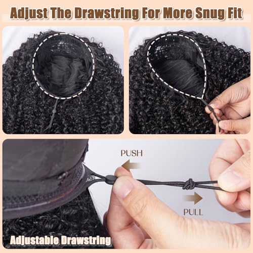 3 in 1 Half Wig Synthetic Hair, Seamless Flip Over Half Wigs Glueless Wear and Go Beginner Friendly Clip In Hair Drawstring Headband Wig for Women 1B, 16-26inch, Kinky Curly (26 inch)