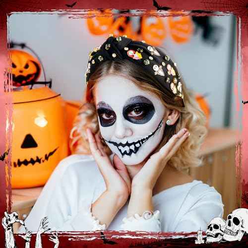 Halloween Christmas Headband for Women - Xmas Nightmare Spooky Ghost Knot Headbands Rhinestone Crystal Knotted Headband Embellished Wide Top Knot Hairbands Xmas Hair Accessories Outfits Party Gifts