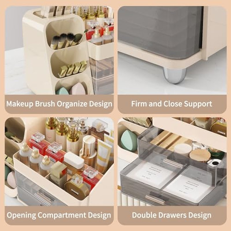 Makeup Organizer for Vanity,Vanity Organizer with Drawers and Brush Holder,Bathroom Make Up Organizer Countertop,Large Cosmetic Organizer for Skincare, Perfume,Lipsticks,Nail Polish (Cream)