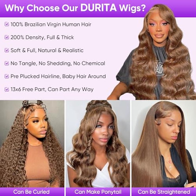 26 Inch Brown Body Wave Human Hair Wig Pre Plucked 13x6 HD Transparent Lace Frontal Wigs Human Hair 200% Density Glueless Brown Body Wave Lace Frontal Wigs for Women