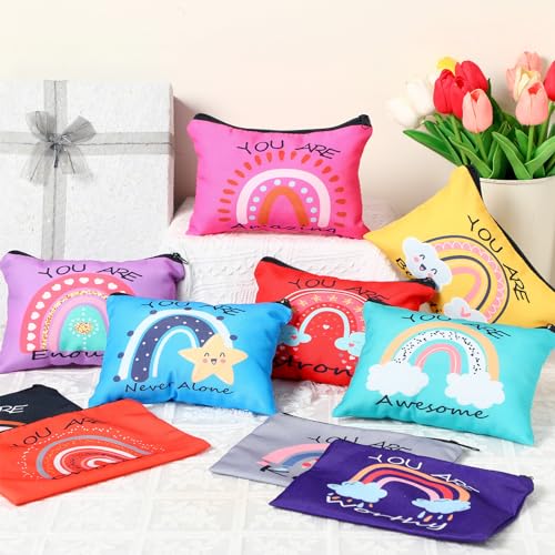 Hillban 10 Pcs Christmas Makeup Bags Gifts for Women Bulk Xmas Cosmetic Bags Inspirational Christian Bible Verse Cosmetic Pouch Christmas Religious Church Travel Canvas Pouch(Rainbow,Colorful)