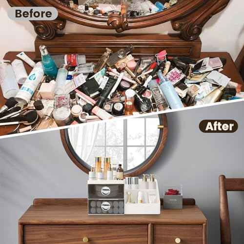 Makeup Organizer with Clear Drawers,Plastic Skincare Organizers for Vanity,Large Capacity Makeup Organizer Countertop for Cosmetics, Skincare,Office Stationery (Gray Drawer)