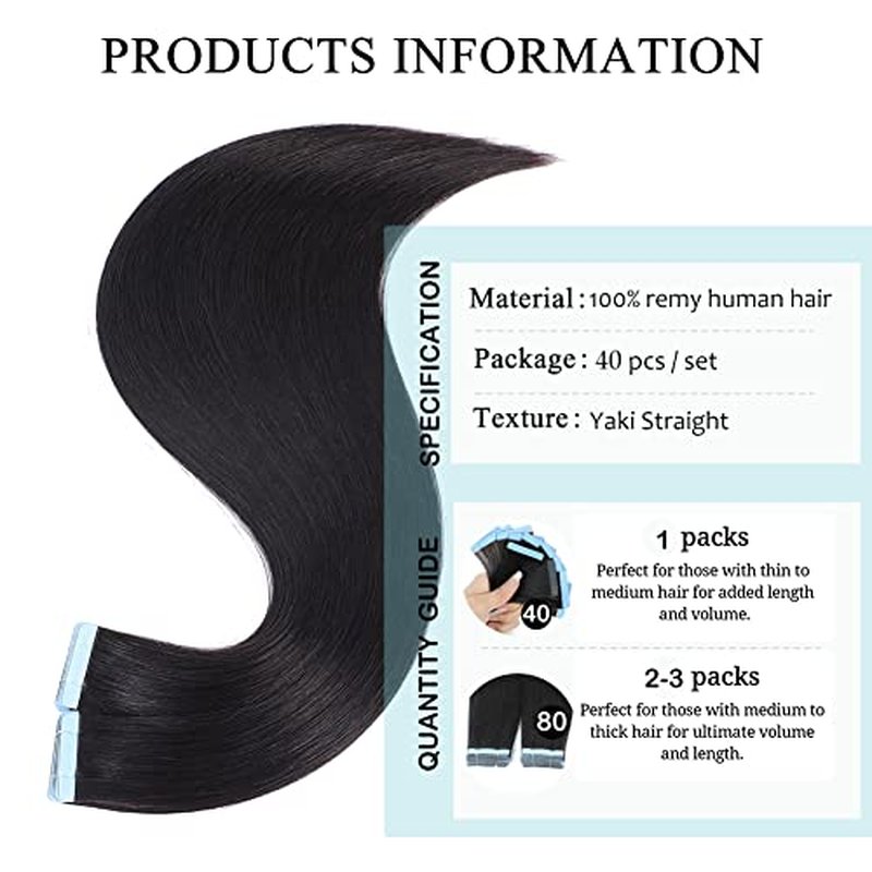 40 PCS Tape in Hair Extensions Human Hair Black Women Yaki Straight Tape in Extensions Human Hair 20 Inch Light Yaki Invisible Skin Weft Double Sided Tape Remy Hair Extensions Natural Black Color