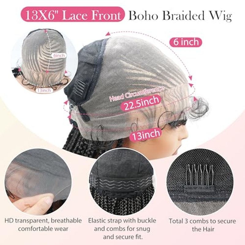 13X6 HD Lace Front Cornrow Braided Wigs for Women Knotless Braided Wigs 32" Box Braid Wig with Baby Hair Premium Synthetic Lemonade Braids Natural Looking Hair Black Braided Lace Front Wigs