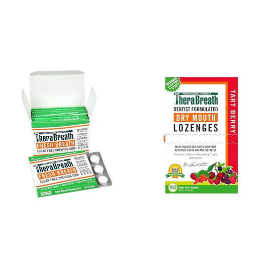 TheraBreath Chewing Gum with ZINC Citrus Mint 10 Count Pack of 6 & Dry Mouth Lozenges with ZINC Tart Berry 100 Lozenges