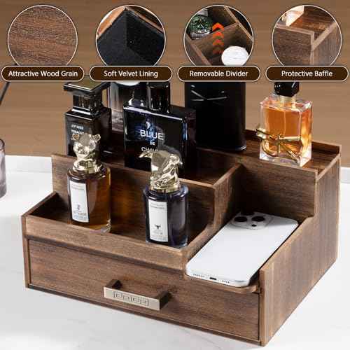 Cologne Organizer for Men, 3 Tier Perfume Display Stand with Drawer and Hidden Compartments, Stylish Wooden Mens Cologne Holder for Dresser Storage, Great Gift for Men/Fathers, Deep Brown
