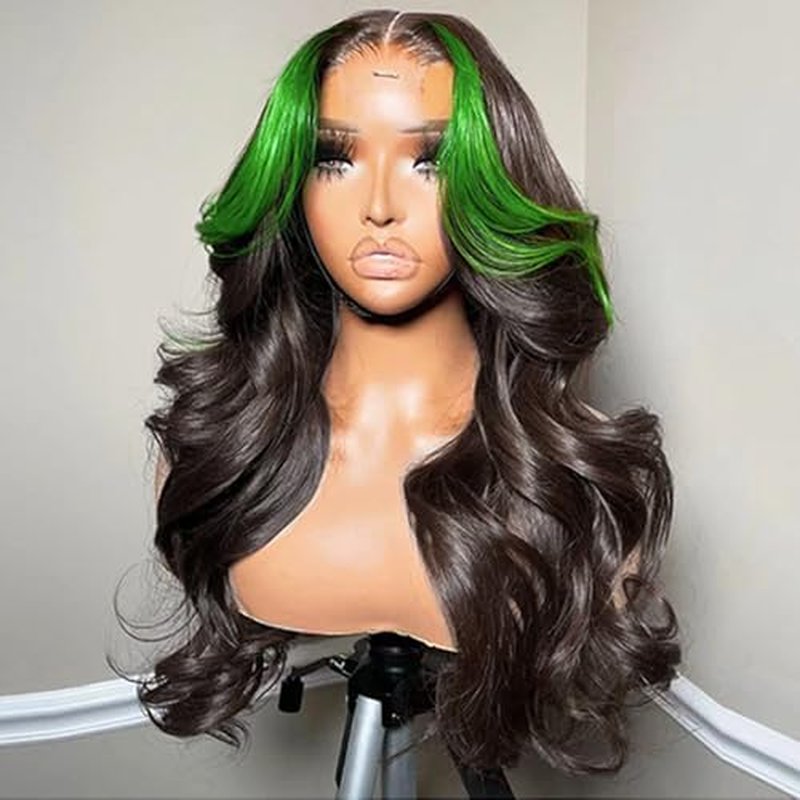 JYZ Skunk Stripe Human Hair Lace Front Wig Green Highlights Wig, Wavy, 13X4 HD Lace Front Wigs Human Hair 200% Density Pre Plucked with Baby Hair 20inch Middle Part