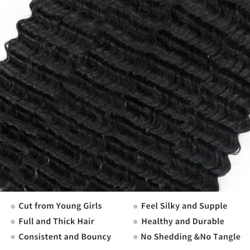 LICHANG 12A Deep Wave Bundles Human Hair 100% Unprocessed Brazilian Virgin Hair 3 Bundles Human Hair Curly Weave Real Hair Natural Black Color Bundles For Women 16 18 20 Inch