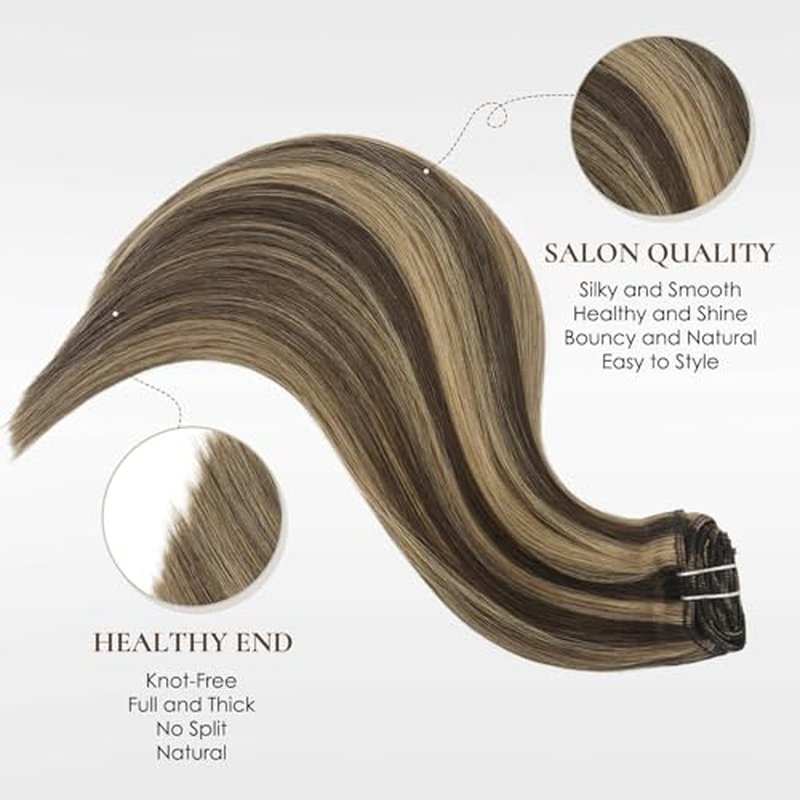Human Hair Extensions Clip in 18 inch 120g 7PCS Straight Natural Clip ins Real Remy 100% Human Hair Extensions Chocolate Brown To Caramel Blonde Double Weft Thick Layered Clip on Hair