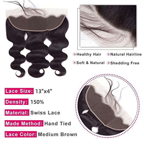 13x4 Body Wave HD Lace Frontal Human Hair 20 Inch Body Wave Ear to Ear Transparent Lace Frontal Only 100% Unprocessed Brazilian Virgin Human Hair Closure Pre Plucked with Baby Hair