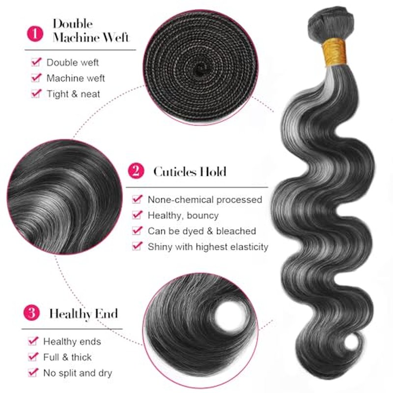 Hair 26-30 Inch Highlight Bundles - P1B Grey Body Wave Human Hair - Two Tone Black & Silver Ombre - Grey Body Wave