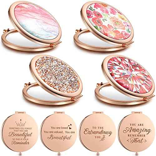 Chunful 4 Pcs Floral Compact Mirror for Women Christmas Bulk Gift Rhinestone Rose Gold Pocket Mirror Vintage Engraved Pocket Makeup Double Sided with 1x/2x Magnifying for Bridesmaid Wedding Gifts