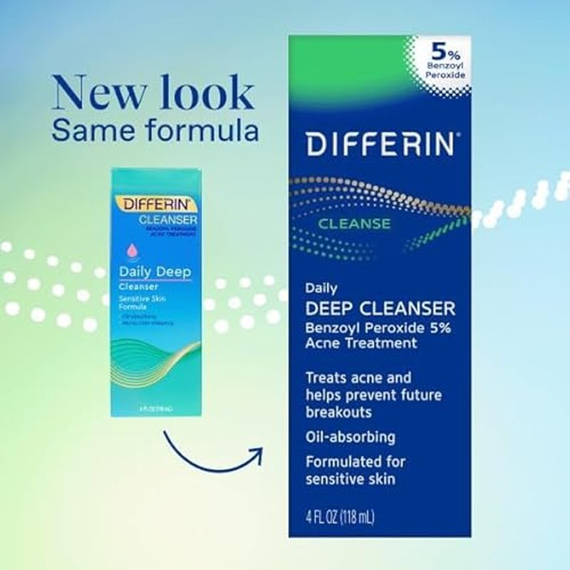 Differin Acne Face Wash with 5% Benzoyl Peroxide, Daily Deep Cleanser by the makers of Differin Gel, Gentle Skin Care for Acne Prone Sensitive Skin, 4 oz (Packaging May Vary)