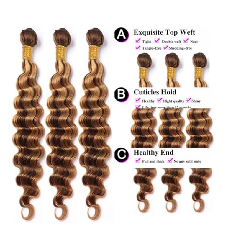 P427 Human Hair Highlight Deep Wave Bundles 26 28 30 inch Double Weft Brazilian Hair Extensions Ombre Two Tone Blonde Mixed With Brown Deep Curly Wet and Waye Bundles for Women