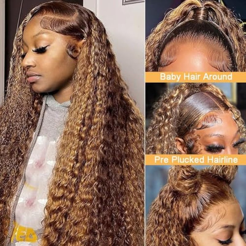 13x6 Highlight Lace Front Wig Human Hair 4/27 Ombre Deep Wave Lace Front Wig Human Hair Pre Plucked With Baby Hair 180% Density Honey Blonde Curly Human Hair Glueless Wigs for Women (22 inch)
