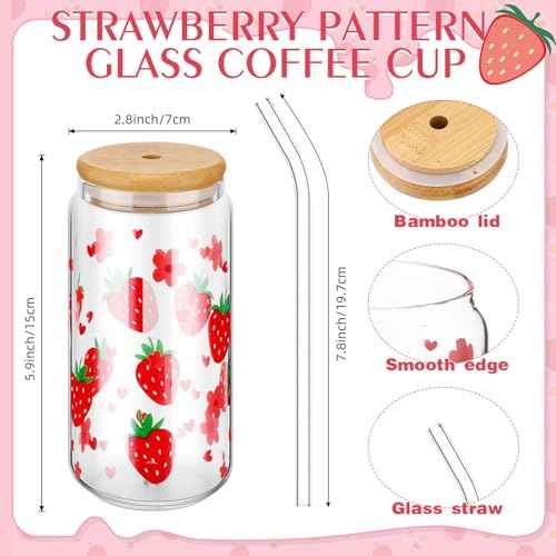 Strawberry Gift Set, Included 16oz Glass Cups with Lids and Straws Waterproof Travel Bag Pouch Strawberry Makeup Bag and Corduroy Tote for Women Christmas Birthday Mothers Day