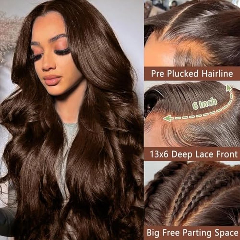 GOLFMAX 13x6 Lace Front Wigs Human Hair Pre Plucked Body Wave Chocolate Brown Lace Front Wig Human Hair 4# Brown Wig Body Wave Human Hair Wig 22 Inch