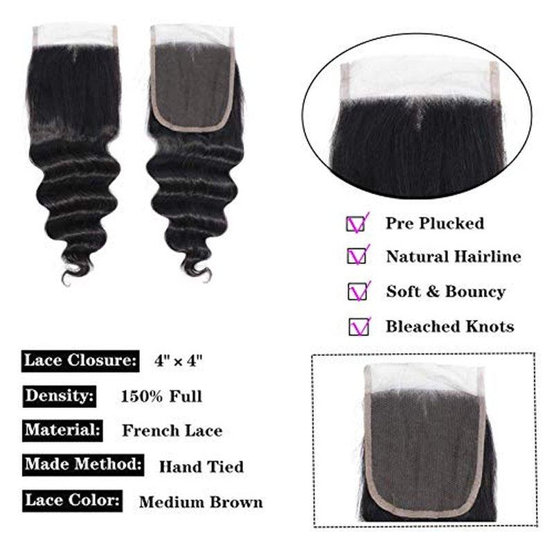 9A Peruvian Loose Deep Wave Bundles with Closure, Peruvian Virgin Hair Long Loose Deep Hair 3 Bundles with 4x4 Top French Lace Closure with Baby Hair ¡¦ (12/14/16+10 Inch, 3 Bundles+Free Part Closure)