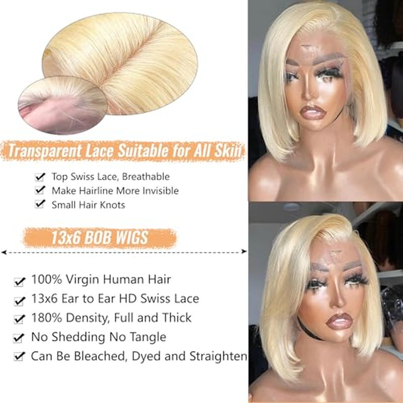 Munx Blonde Bob Wig Human Hair, 13x6 HD Lace Front Wigs Human Hair Pre Plucked with Small Knots 180% Density Glueless 613 Colored Lace Frontal Bob Wigs for Black Women 16 inch Bleached Knots