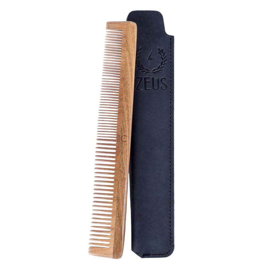 ZEUS Sandalwood Beard & Mustache Comb for Men with Leather Case, Handmade Anti-Static Saw-Cut Wood Comb for Grooming (L31)