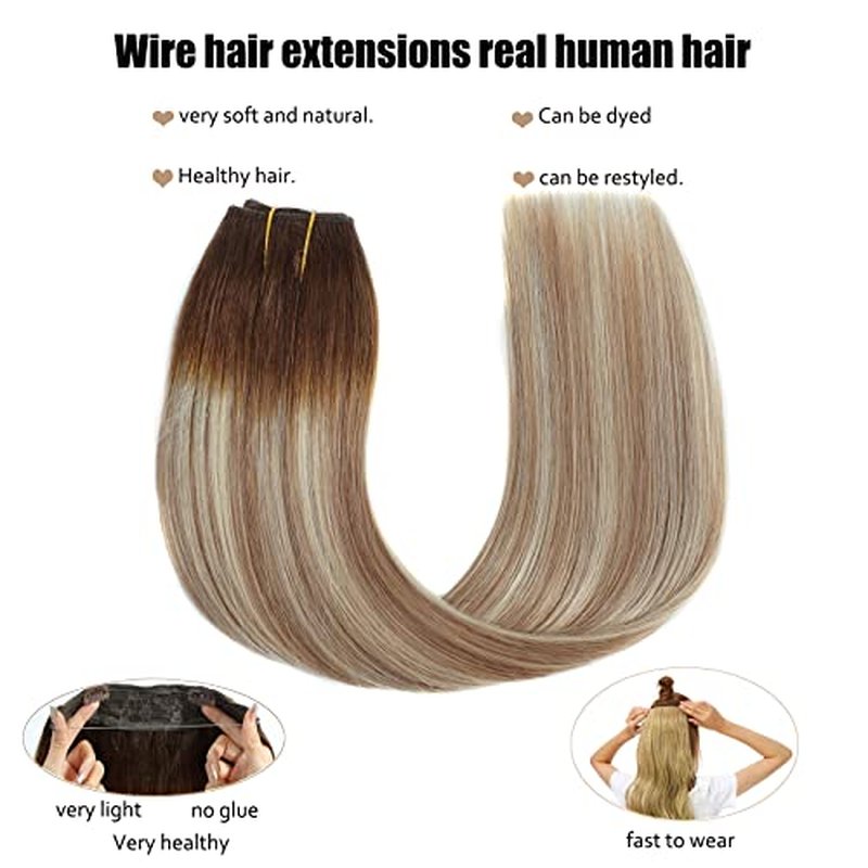 Ugrace Hair Wire Hair Extensions Real Human Hair Balayage Light Brown to Ash Brown and Bleach Blonde 20 inch 100g Transparent Invisible Fish Line Straight Clip in Human Hair Extensions for Women