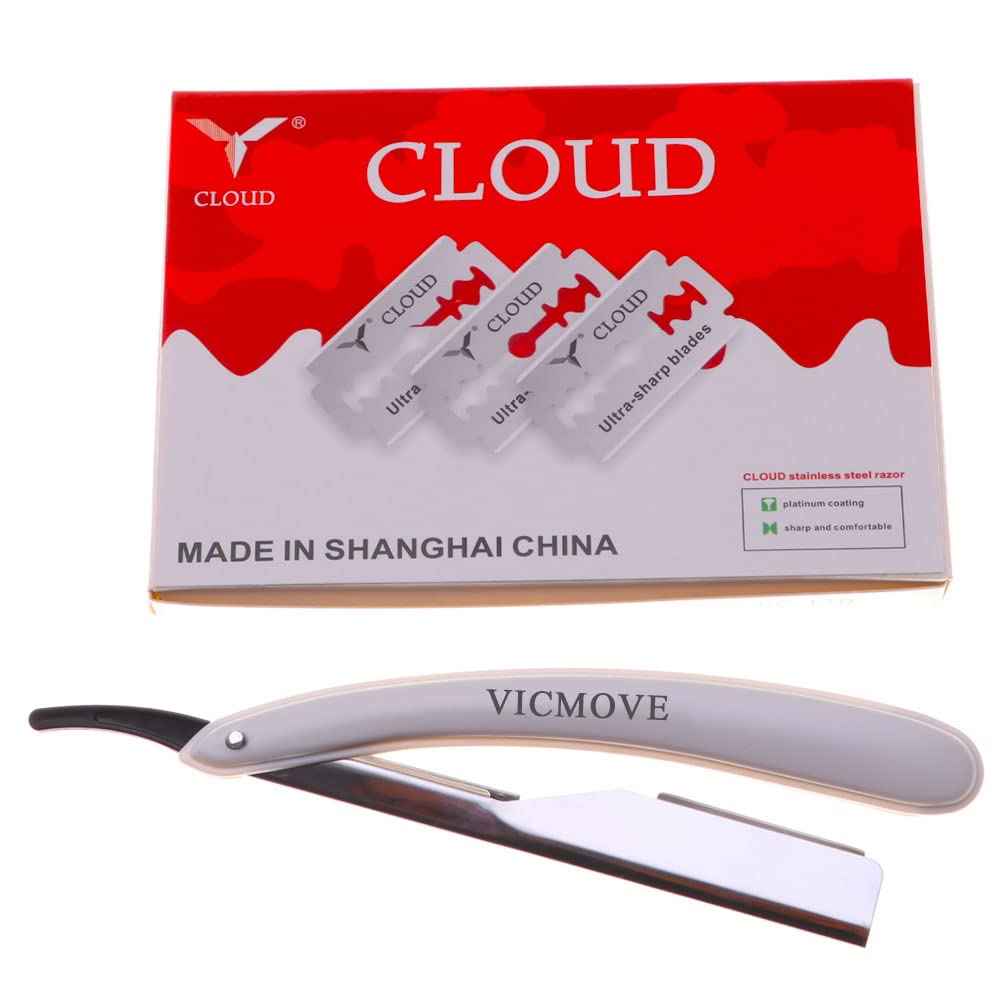 Professional Barber Straight Edge Razor Safety with 200-Pack Derby Blades - 100 Percent Stainless Steel - by VICMOVE (1 razor + 200 blades)