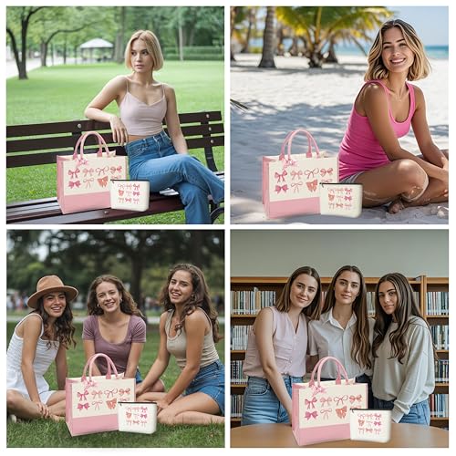 Bow Tote Bag Coquette Pink Bow Preppy Makeup Bag Set Cute Aesthetic Pink Bow Canvas Reusable Grocery Shopping Bag