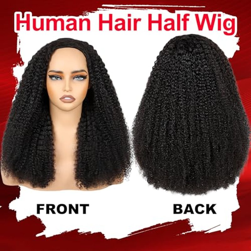 Kinky Curly Half Wig Human Hair 200% Density 3 In 1 Curly Half Wig Seamless Drawstring Curly Human Hair Wig Wear Go Glueless Wigs Human Hair Beginner Friendly (Kinky Curly Nautal Color, 18 Inch)