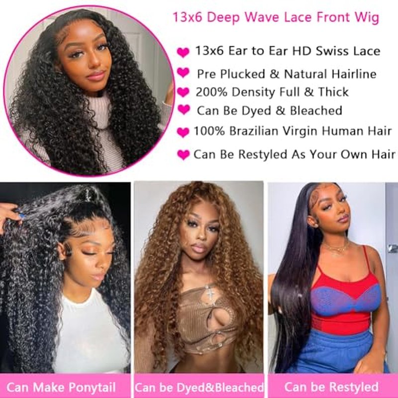 24 Inch Deep Wave Lace Front Wigs Human Hair 13x6 HD Transparent Lace Front Wigs Human Hair Pre Plucked with Baby Hair Deep Wave Wig Human Hair Wet and Wavy Glueless Frontal Wigs 200% Density