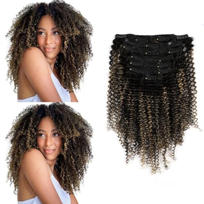 Sassina Kinky Curly Clip in Hair Extensions for African American Women Clip ins Human Hair Extensions Full Head Natural Black to Strawberry Blonde 20 Inch 120 Gram 7 Pcs #T1B/1BP27