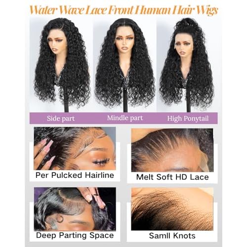28 Inch Water Wave Lace Front Wigs Human Hair Wet and Wavy 13x6 HD Lace Front Wigs Human Hair Pre Plucked 200 Density Glueless Deep Wave Lace Front Wigs for Blak Women Full and Thick