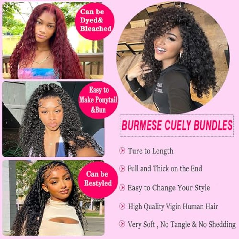 Burmese Curly 3 Bundles Water Wave Human Hair (16 18 20) 100% 12A Unprocessed Virgin Hair Bundles Deals Human Hair Extensions Spiral Curly End 3c4a Quick Weave Hair for Women Natural Black