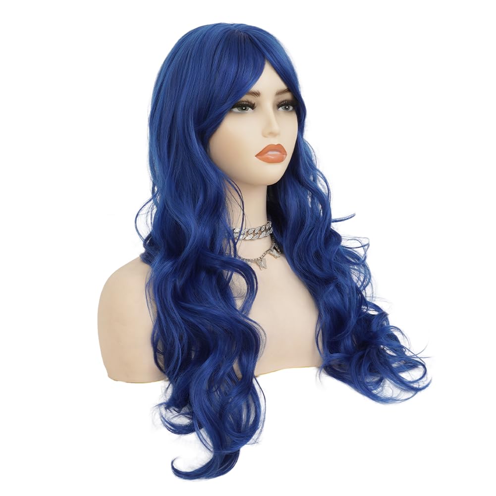 Salaibs Long Blue Curly Wavy Wig for Women Mermaid Wigs with Bangs Natural Looking for Daily Party Cosplay Halloween Use（Royal Blue）