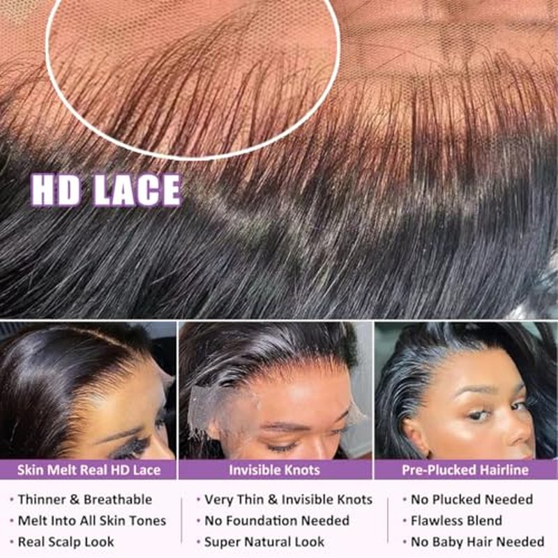 Human Hiar Wig 13x6 HD Lace Front Wigs Human Hair 200 Density Body Wave Wig Brazilian Virgin Wigs Glueless Lace Frontal Wig for Women Natural Black Pre Plucked with Baba Hair 24 Inch