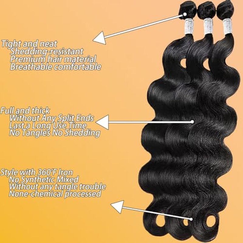 Body Wave Human Hair 100% Unprocessed Brazilian human Hair3 Bundles 20 22 24 Inch 300g/Pack Body Wave Selected Healthy Natural Black soft Smooth Double Weft Quick Weft Extensions for Women