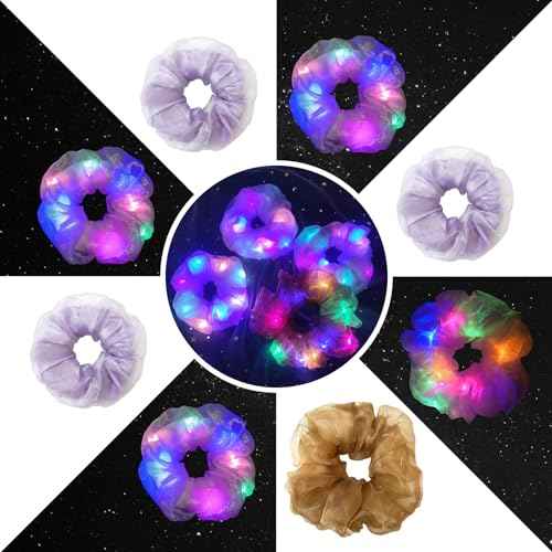 Light Up Scrunchies, Easter Gifts Scrunchy Hair Ties Glow in the Dark Party Supplies Glow Sticks Party Favor Festival Rave Accessories for Neon Party, Fun Hair Scrunchies (4Pcs-Purple+brown)