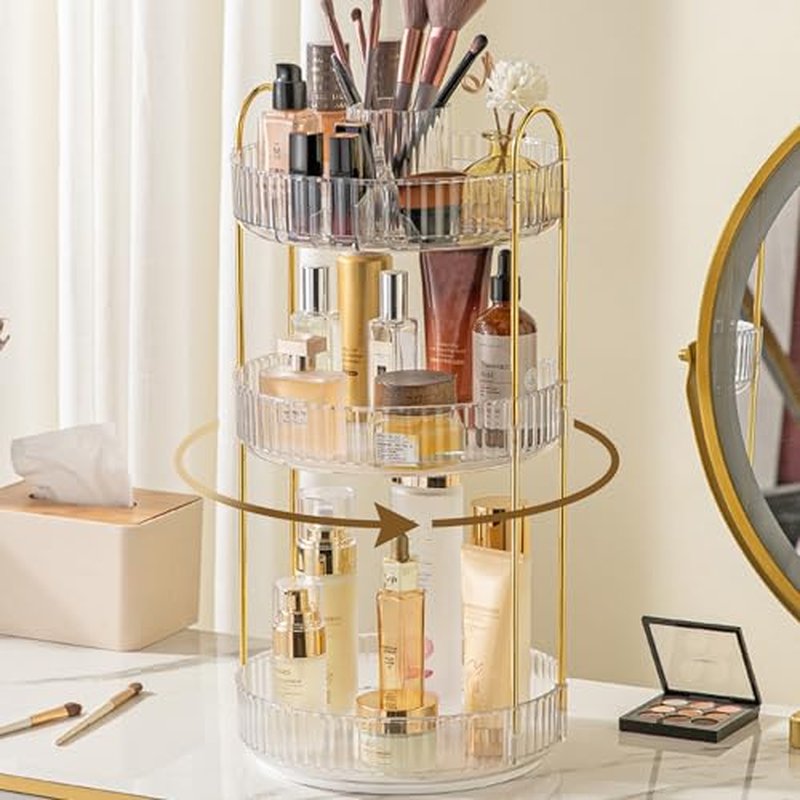 Aveniee 360¡Æ Rotating Makeup Organizer for Vanity, Perfume Skincare Bathroom Countertop Organizers, 3 Tier Spinning Skincare Storage with Brush Holder for Lipstick Cosmetic Lotion,White