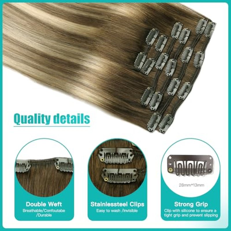 SURNEL Human Hair Clip in Extensions 18inch Clip in Hair Extensions Balayage Walnut Brown to Ash Brown and Golden Blonde Hair Extensions Clip ins 6pcs 120g(#3/8/22,18")