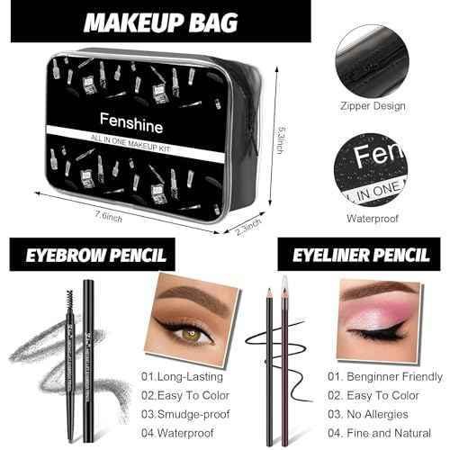 Fenshine All In One Makeup Kit for Women Full Kit, Makeup Gift Set for Women Beginners, Makeup Essential Starter Bundle Include Eyeshadow Palette Lipstick Eyebrow Pencil Brush Set (Type C)