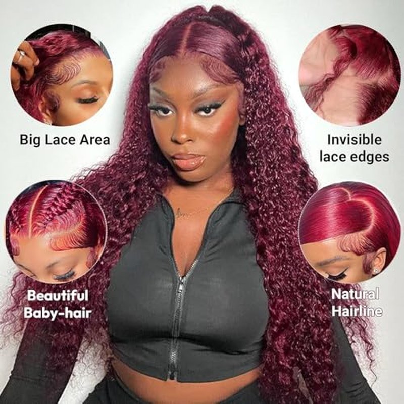 Burgundy Wig Human Hair 99j Burgundy 13x6 HD Transparent Deep Wave Lace Front Wigs Human Hair 180 Density Pre Plucked Brazilian Virgin Red Wig Human Hair For Black Women (99j Burgundy, 22 Inch)