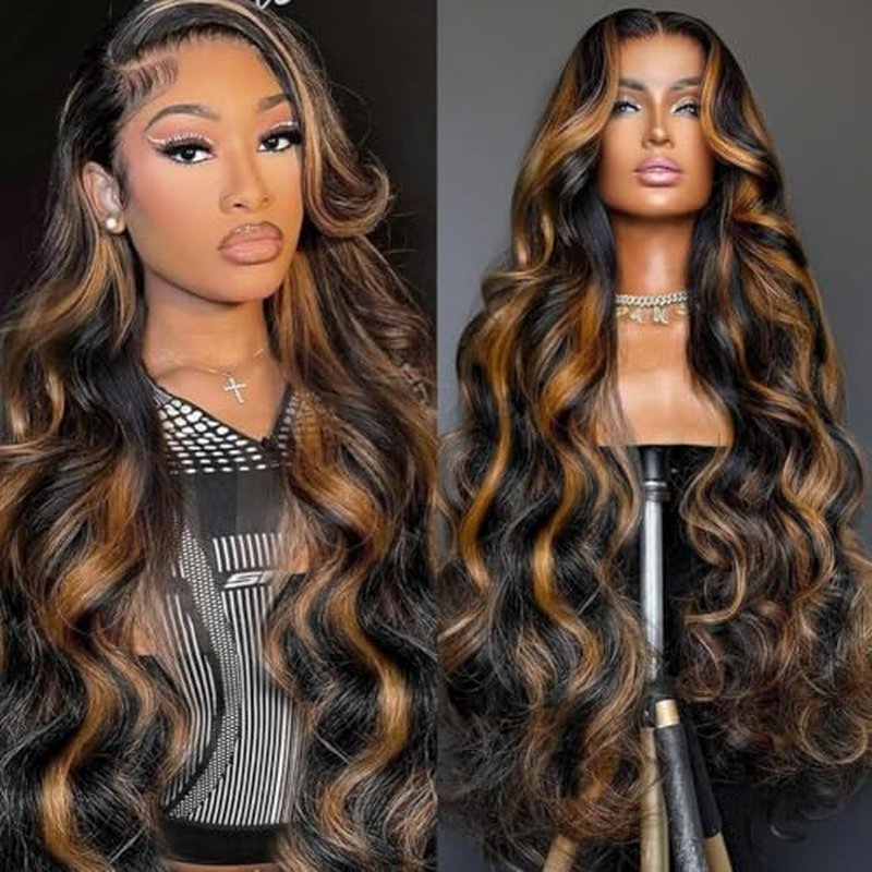 1B/30 Highlight Ombre Lace Front Wigs Human Hair 13x6 HD Glueless Body wave Lace Frontal Wigs 180% Density Brazilian Virgin Human Hair Wigs for Women Pre Plucked with Baby Hair (1B30, 24Inch)