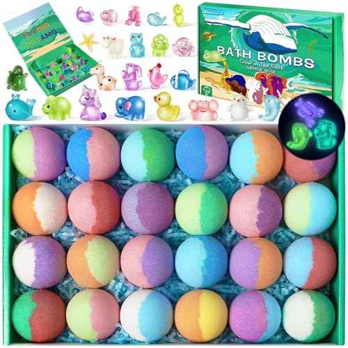 Bath Bombs for Kids with Toys Inside - 24 Pack Kids Bath Bombs with Glow in The Dark Surprise Toys Inside, Natural Organic Bubble Bath Fizzy, Christmas Gifts for Kid Girls Boys, Stocking Stuffers