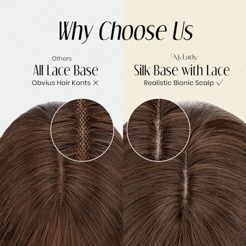 MY-LADY Human Hair Toppers for Women Real Human Hair with Bangs Thin 7 * 13CM Silk Base with Lace Clip in Remy Hairpieces 150% Density 14 Inch Chocolate Brown