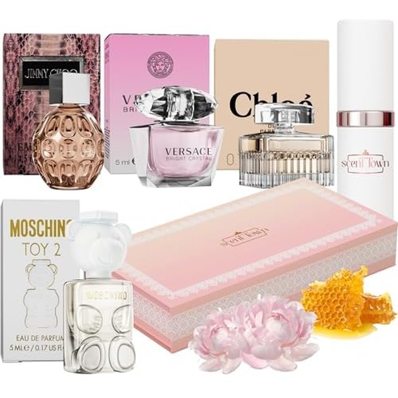 Women's Perfume Gift Sets Bundle Mini Bottle ? Designer Womens Perfume Sampler Sets with Refillable Atomizer ? Bundle Includes Versace, Moschino, Chloe, Jimmy Choo Travel Size 0.15 Oz Each